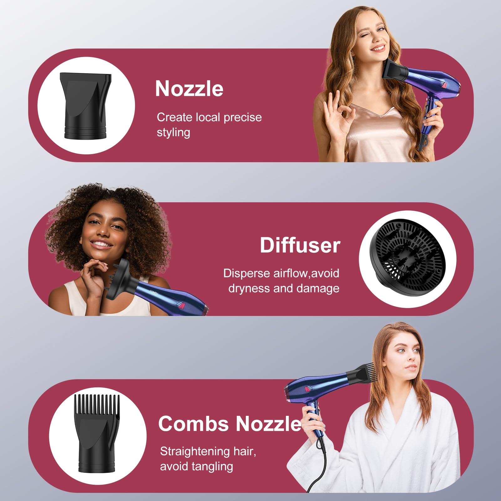 CONFU Hair Dryer Pro comb nozzle detangling and shaping thick hair