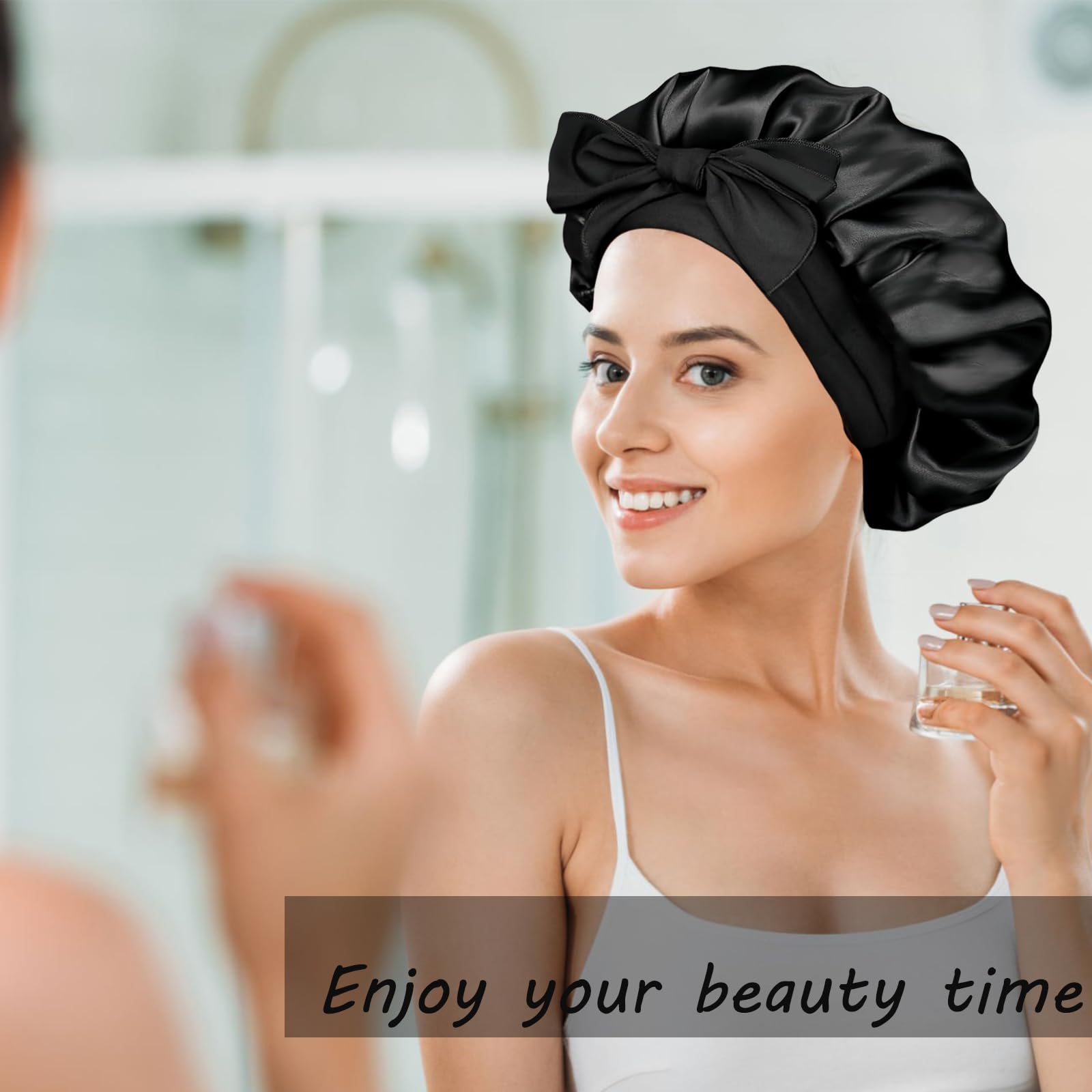 Confvrter large black bonnet demonstrating versatile coverage for long hair