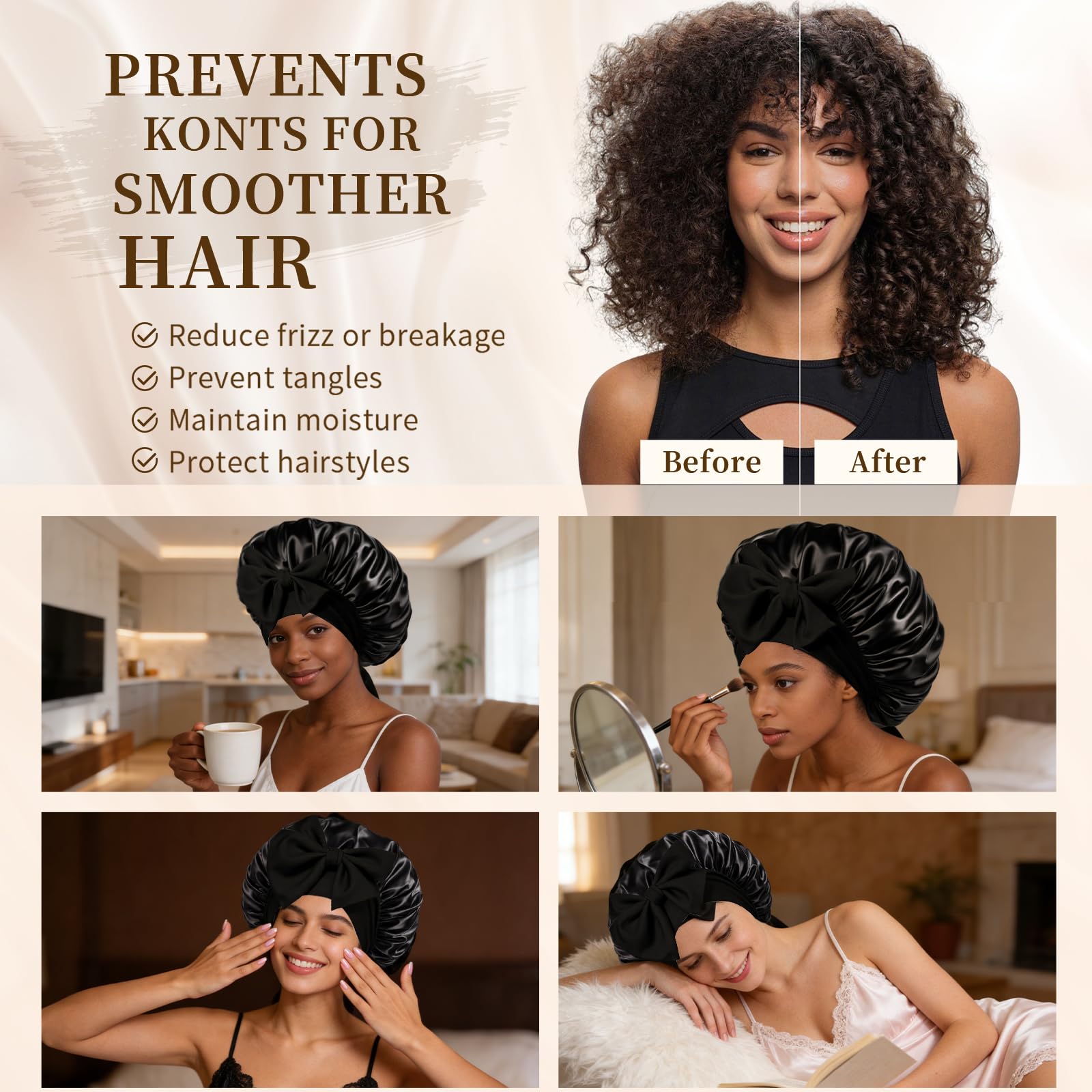 Confvrter satin bonnet worn as hair wrap for women during daily routine.