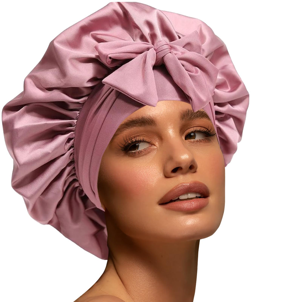 Confvrter silk bonnet close-up of elastic band for secure night wear.