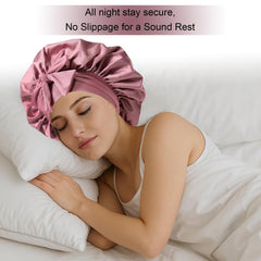 Confvrter silk bonnet on head showing stay-on design for overnight comfort.