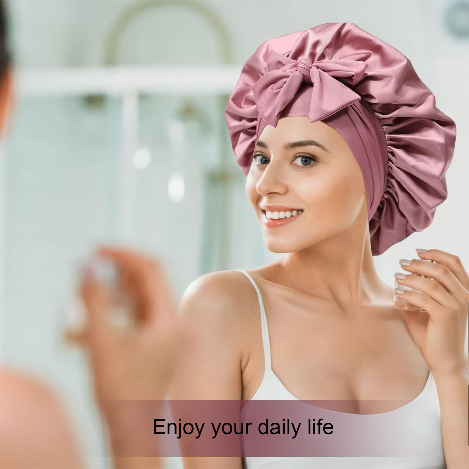 Confvrter silk bonnet used during makeup and spa routines.