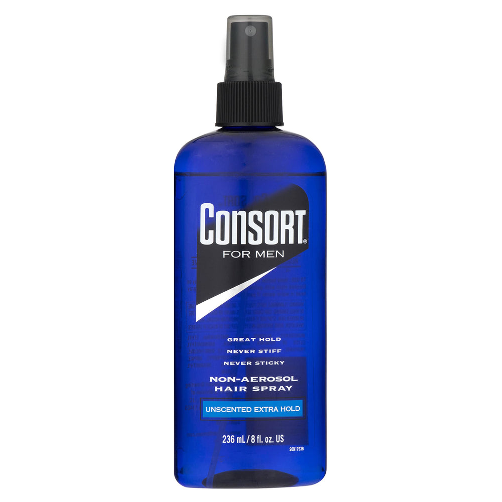 Consort Fijación Extra: botella en mano para control duradero del peinado.