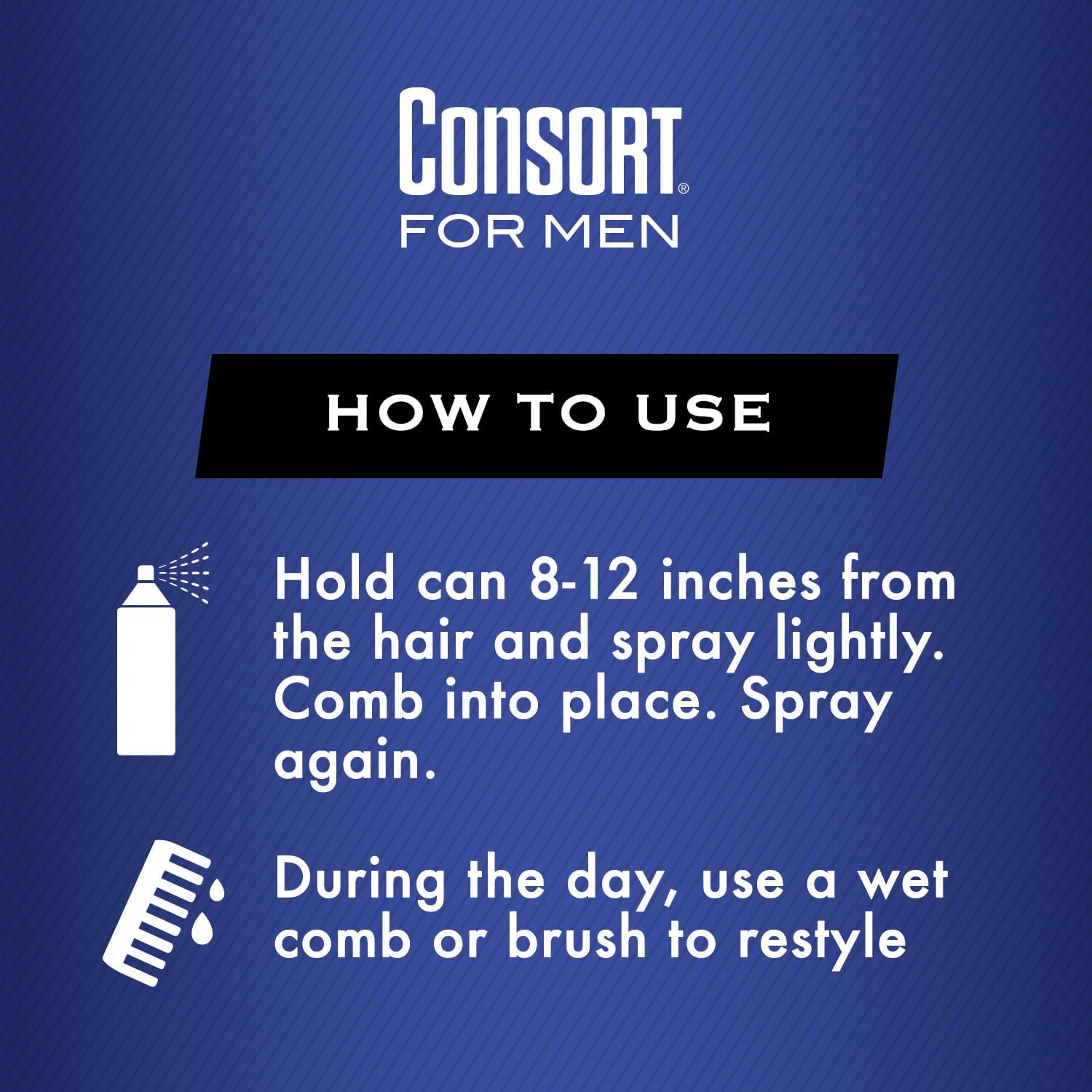 Consort aerosol can in-packaging shot, three-pack convenience for multiple styling sessions.