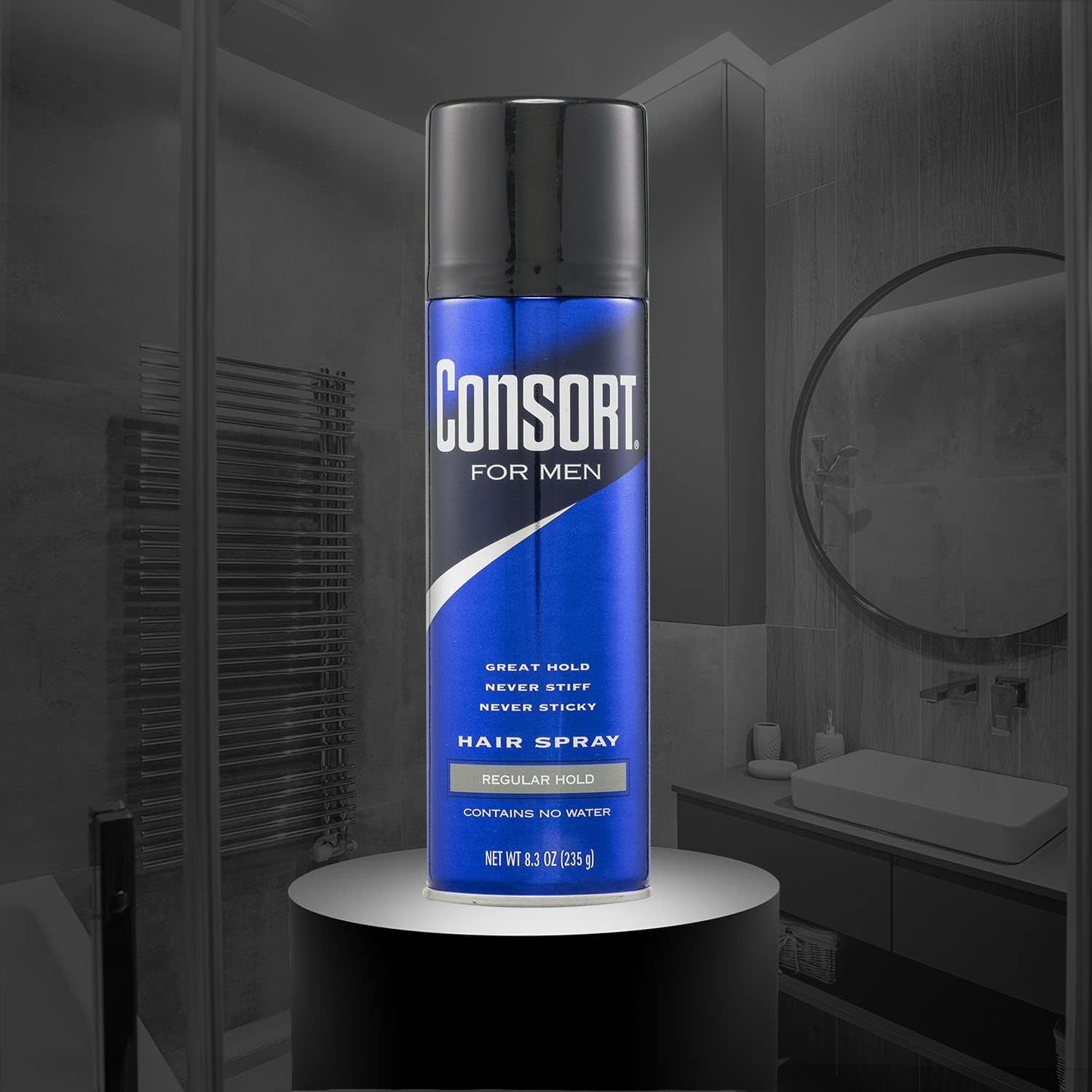 Consort spray mist dispense, even application for natural-looking style.