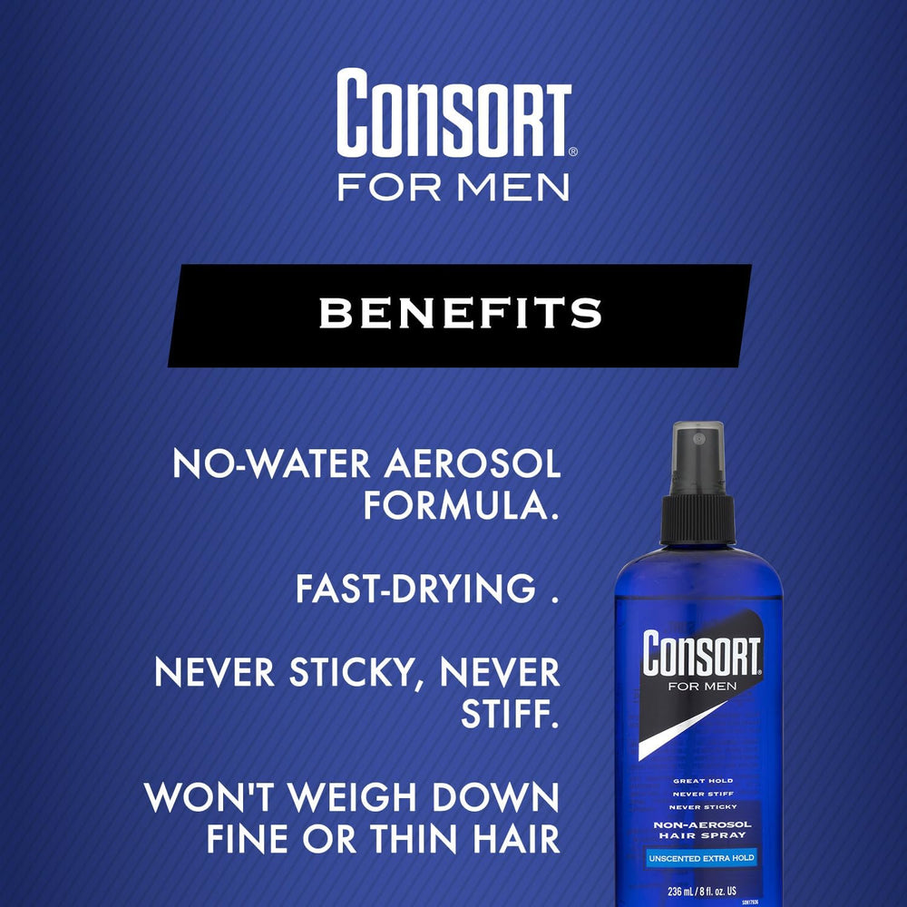 Consort hair spray non-aerosol formulation shown for clean versatile styling.
