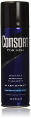Consort unscented hair spray bottle demonstrating 12-hour hold.