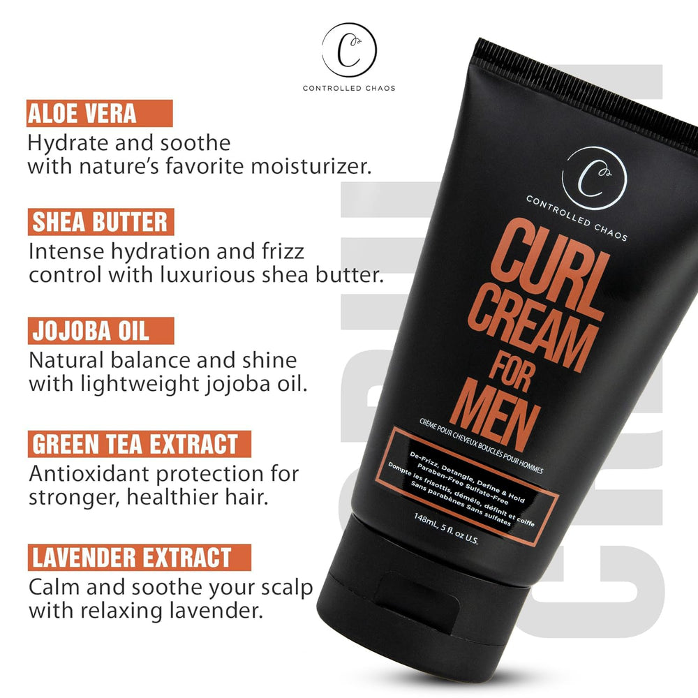 Controlled Chaos Curl Cream for Men delivers anti-frizz finish.