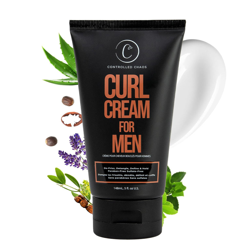 Controlled Chaos Curl Cream for Men bottle promotes defined, frizz-free styling.