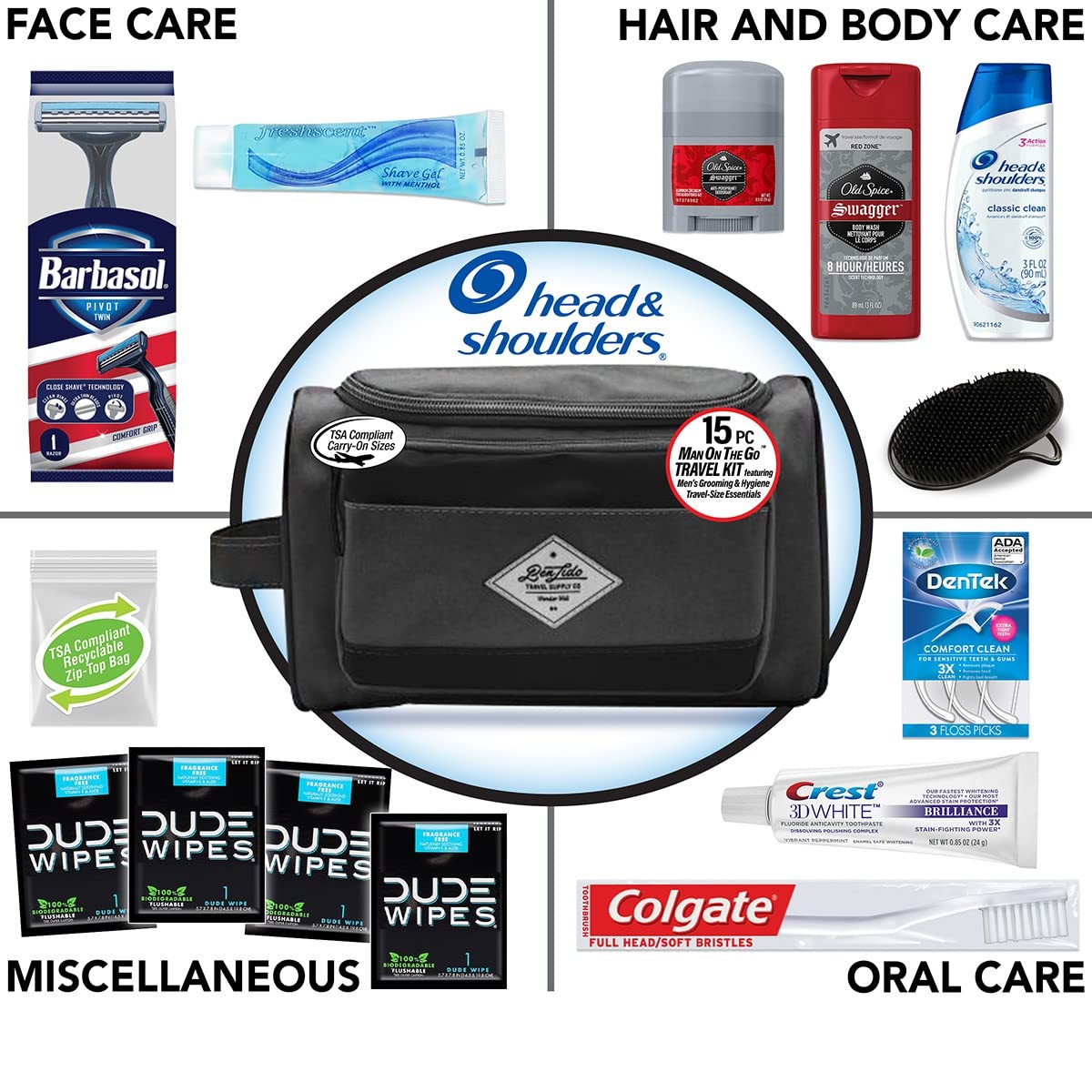 Head & Shoulders shampoo 3 oz included for refreshed scalp while traveling.