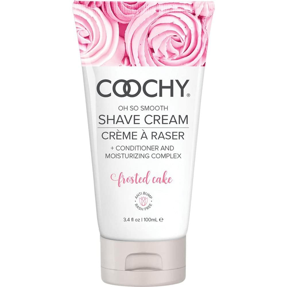 Coochy Shave Cream bottle closeup highlighting a gentle formula for sensitive skin