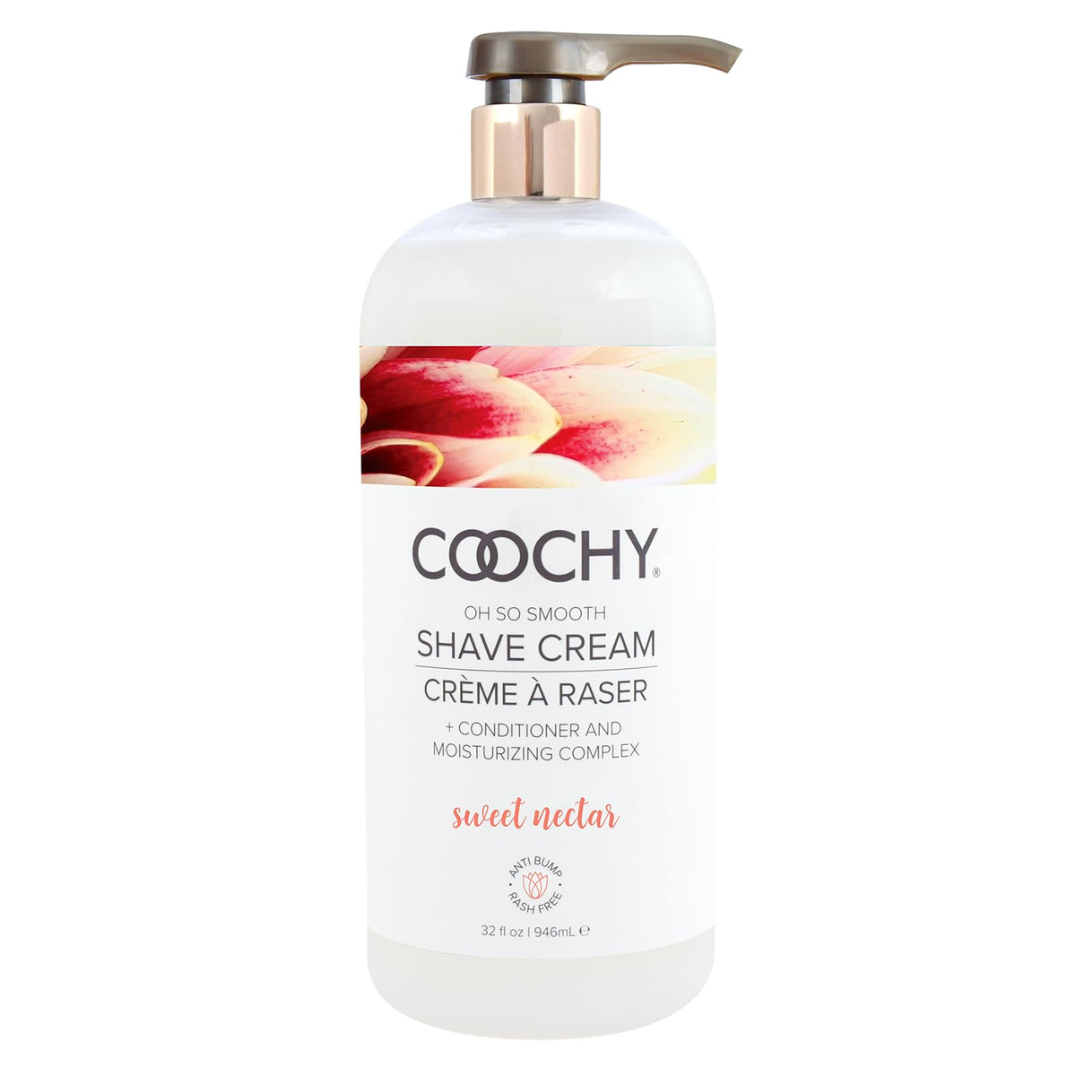Coochy Shave Cream bottle with pour spout ready for a smooth, rash-free shave.