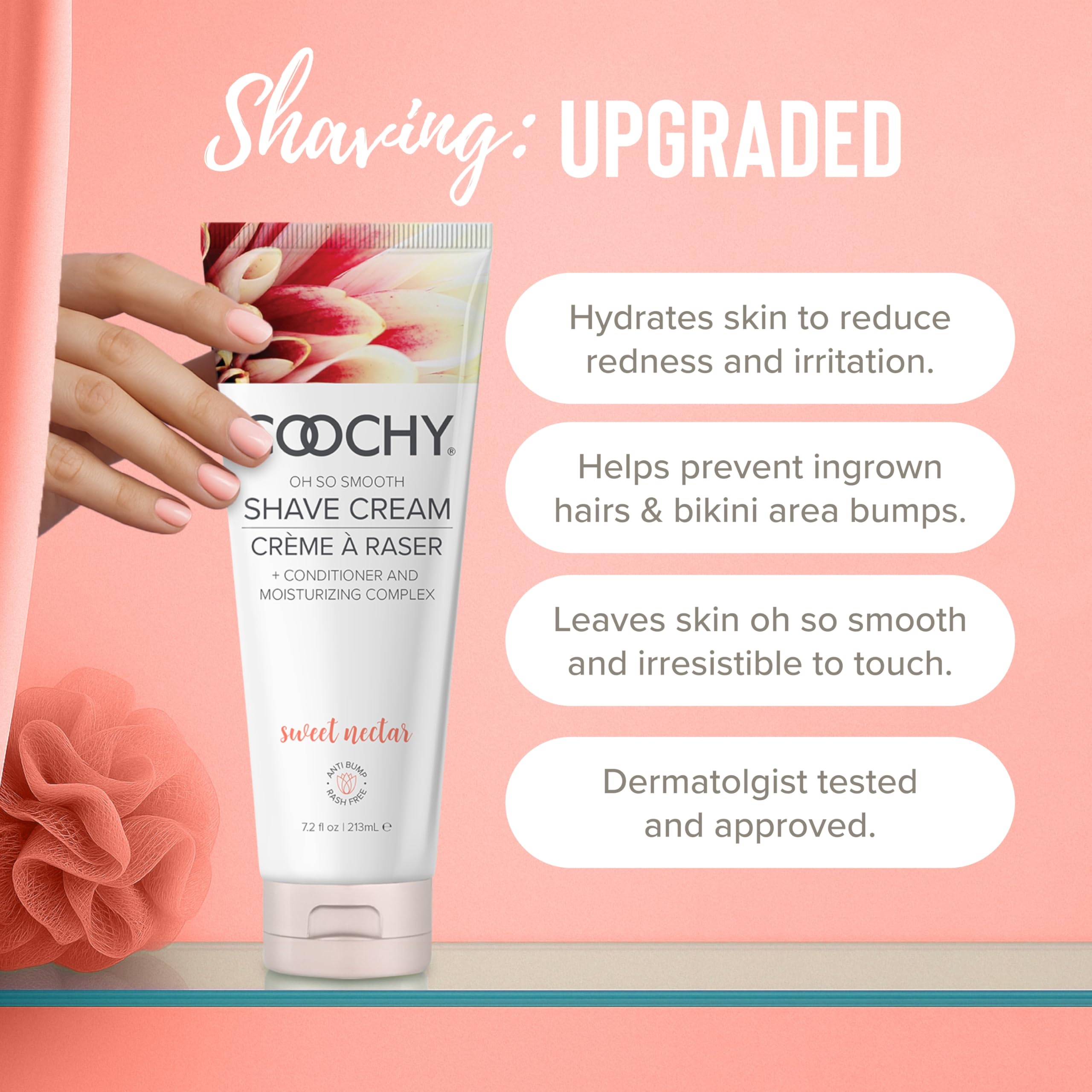 Close-up of Coochy Shave Cream packaging highlighting a moisturizing, skin-friendly formula.