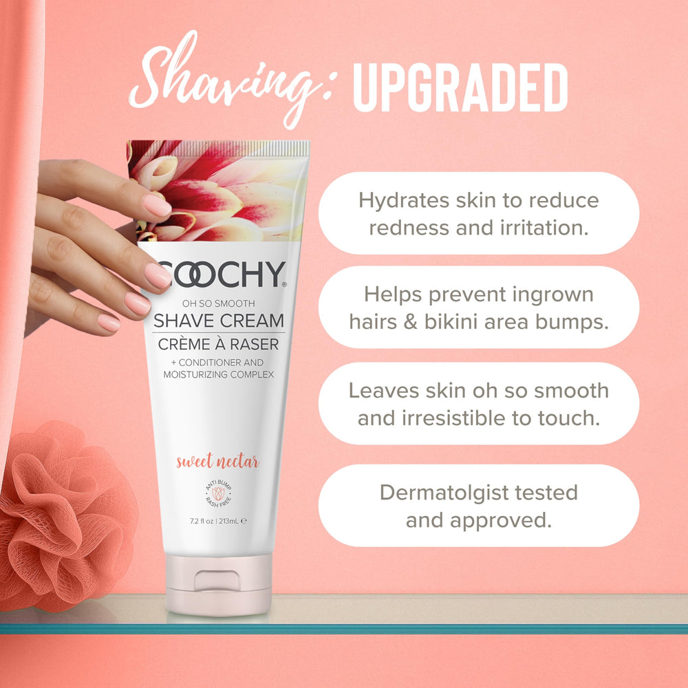 Close-up of Coochy Shave Cream packaging highlighting a moisturizing, skin-friendly formula.