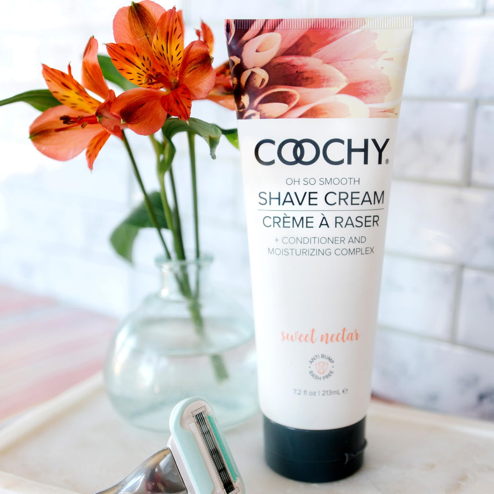 Texture close-up showing silky glide and hair-softening action of Coochy cream.