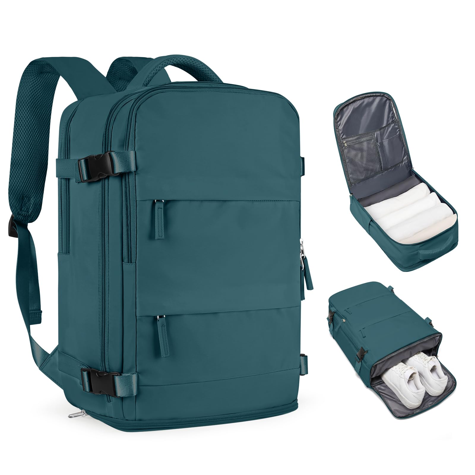 Coofay travel backpack open showing laptop compartment compatible with 15.6-inch devices for on-the-go work