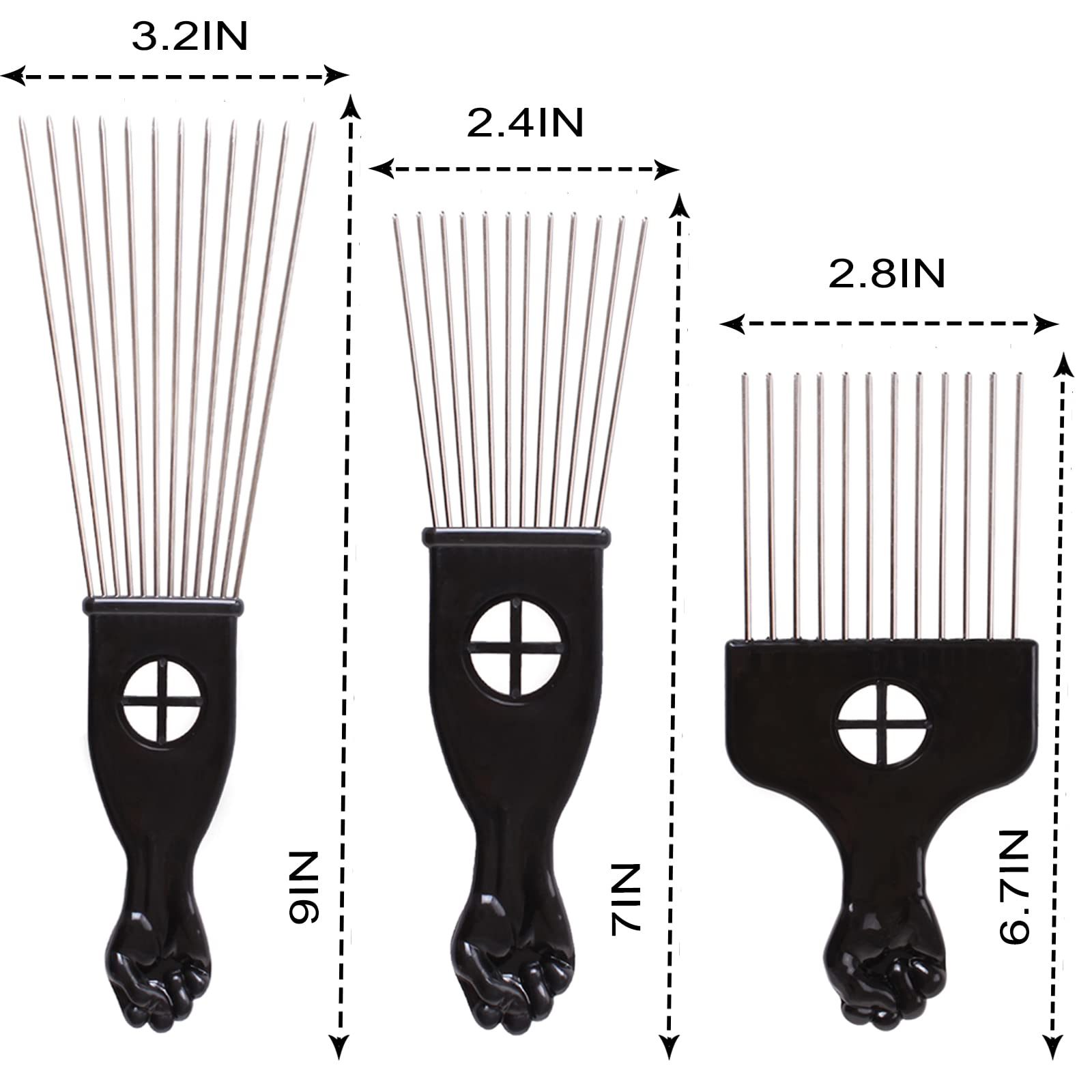 COOKOO metal hair picks with wide teeth in stainless steel finish
