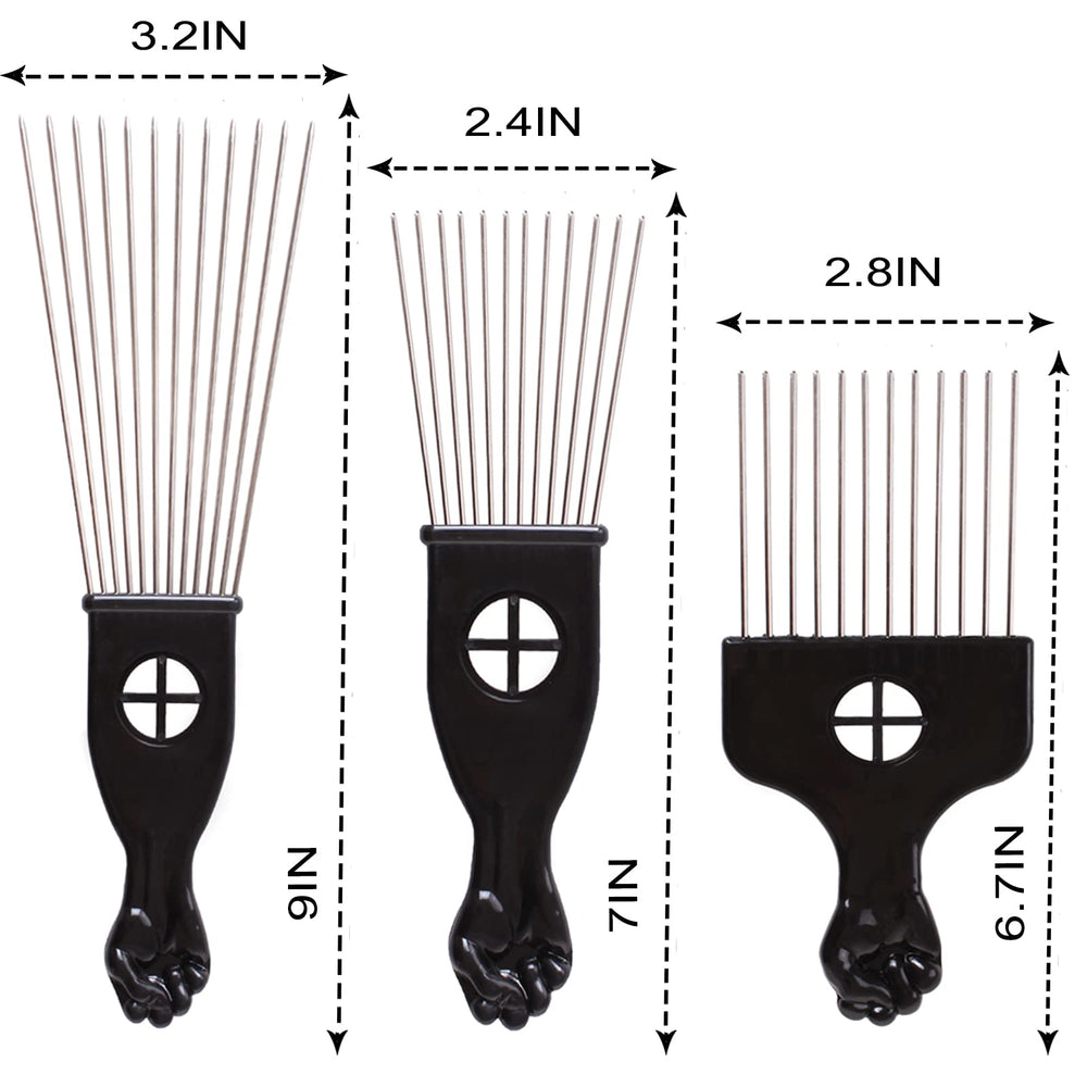 COOKOO metal hair picks with wide teeth in stainless steel finish