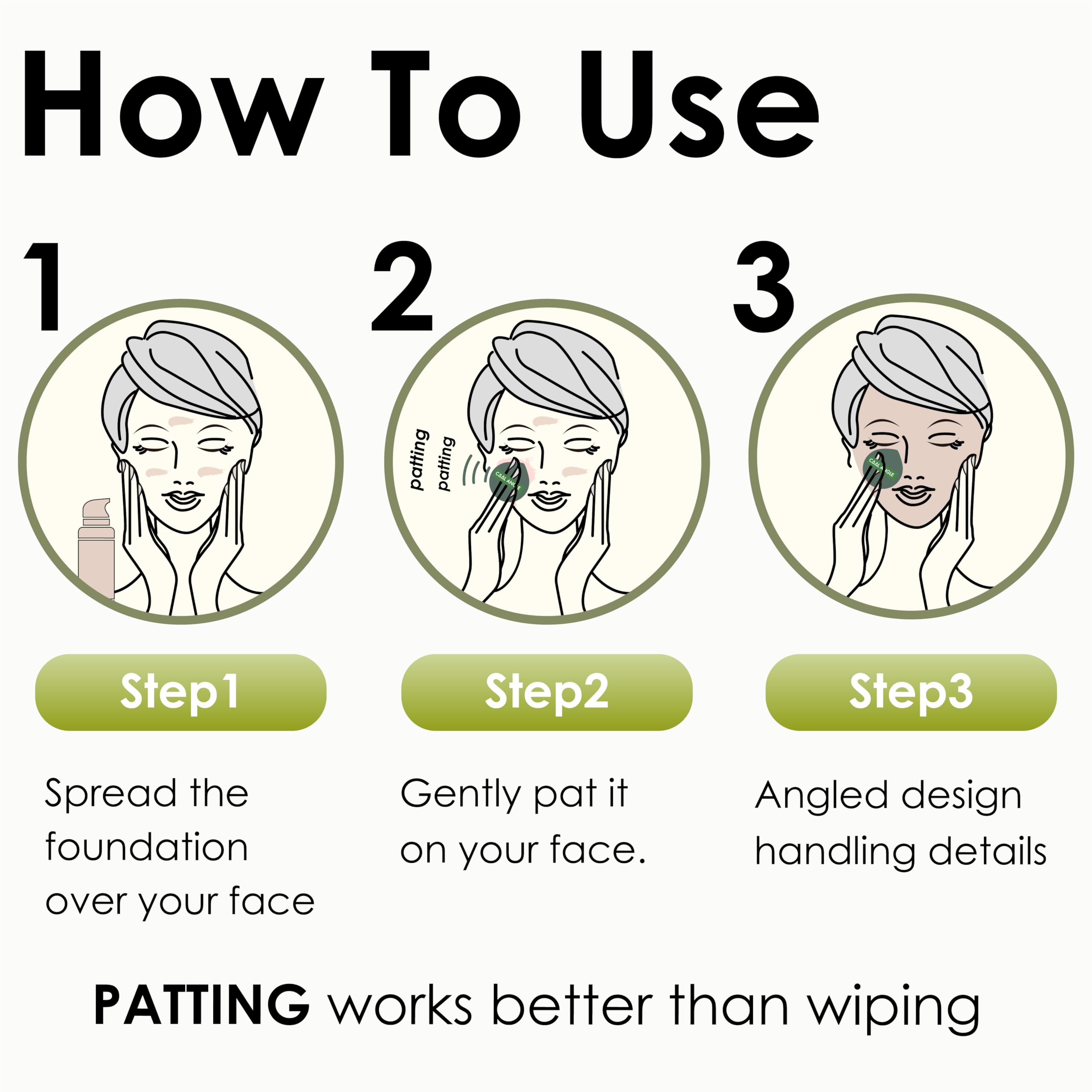 Cool-Angle makeup sponge wet or dry use for flexible blending in hard-to-reach areas.