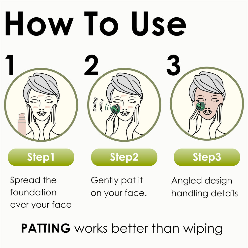 Cool-Angle makeup sponge wet or dry use for flexible blending in hard-to-reach areas.