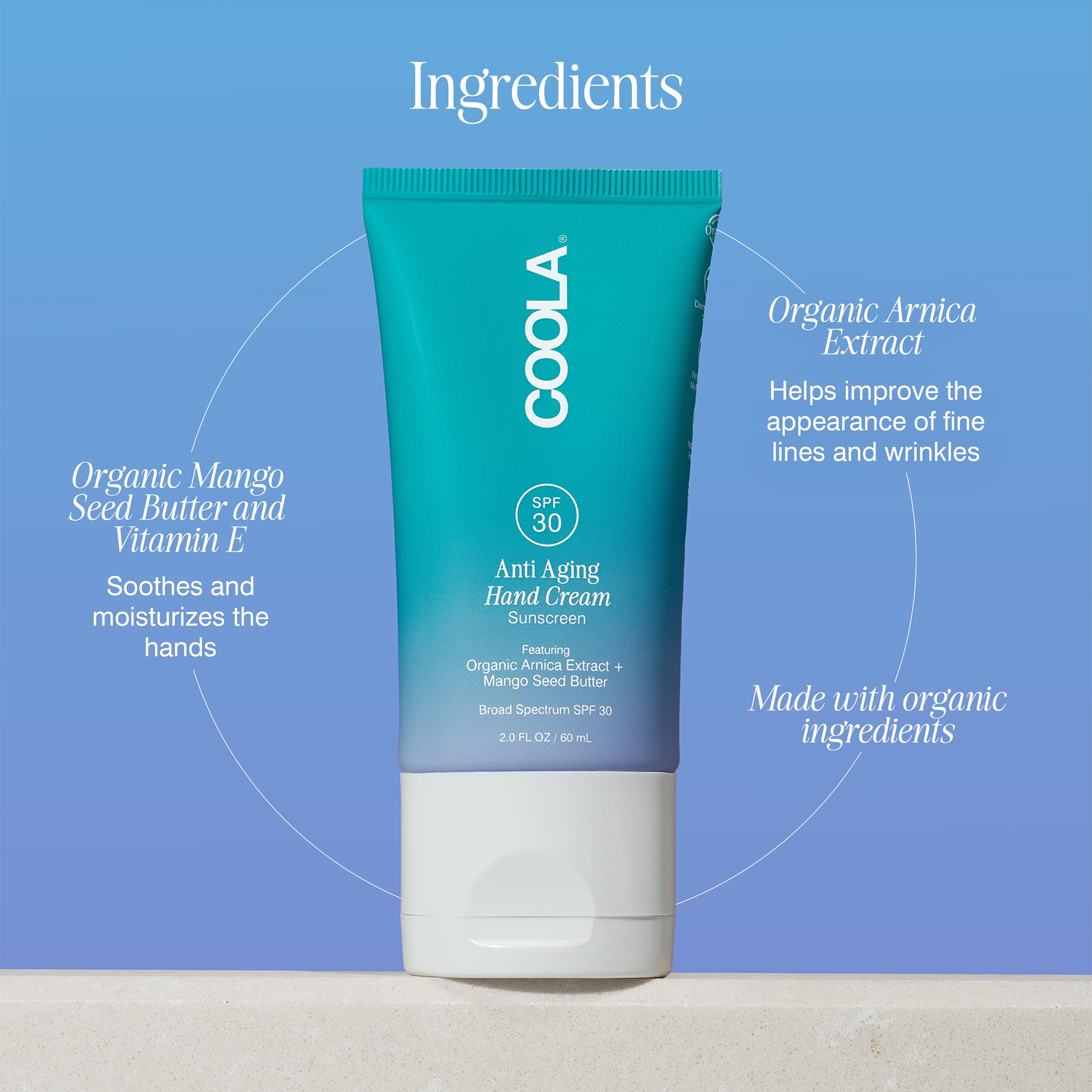 COOLA hand cream ingredients include organic arnica and vitamin E for skin-friendly nourishment.