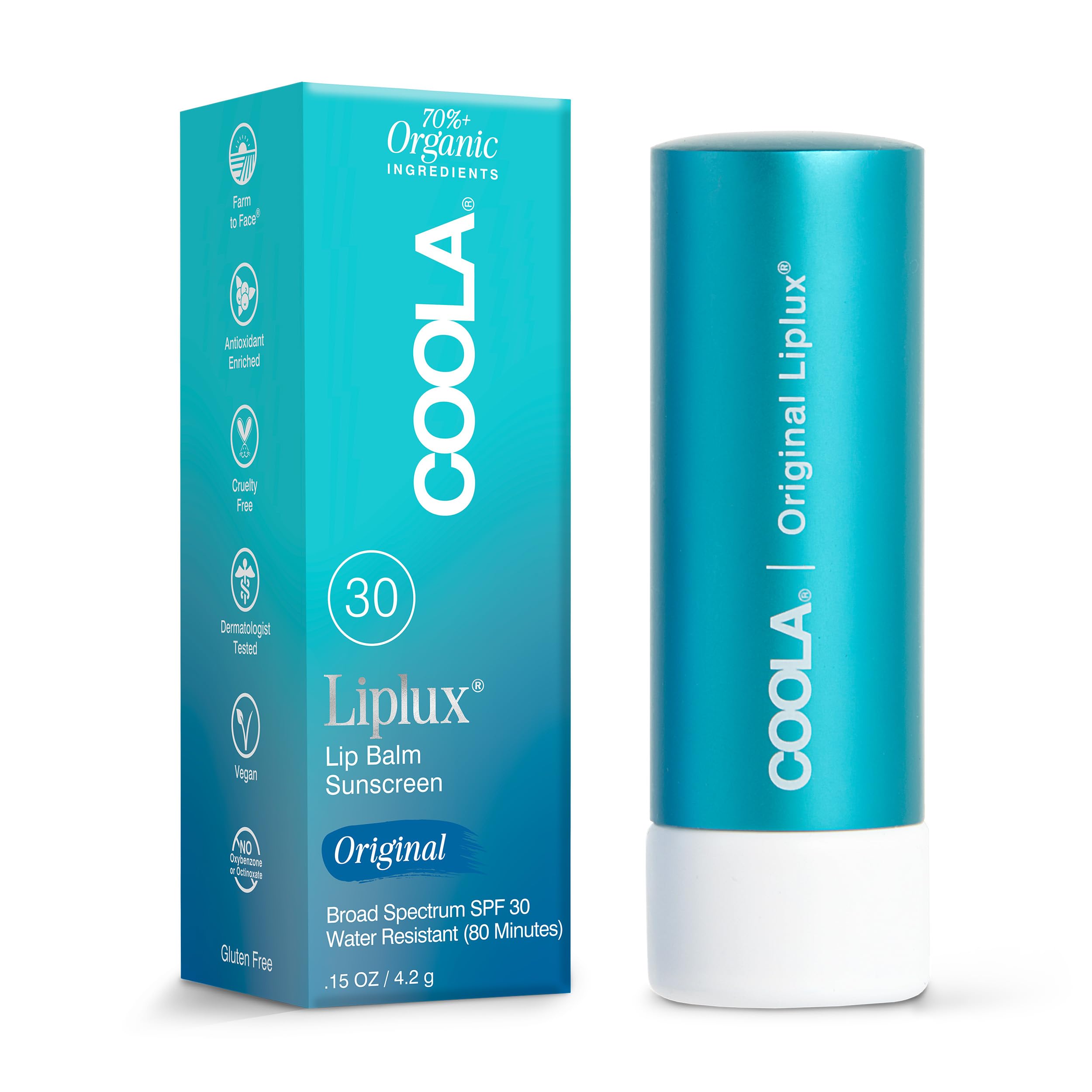 COOLA Liplux bálsamo claro con SPF 30 para uso diario.
