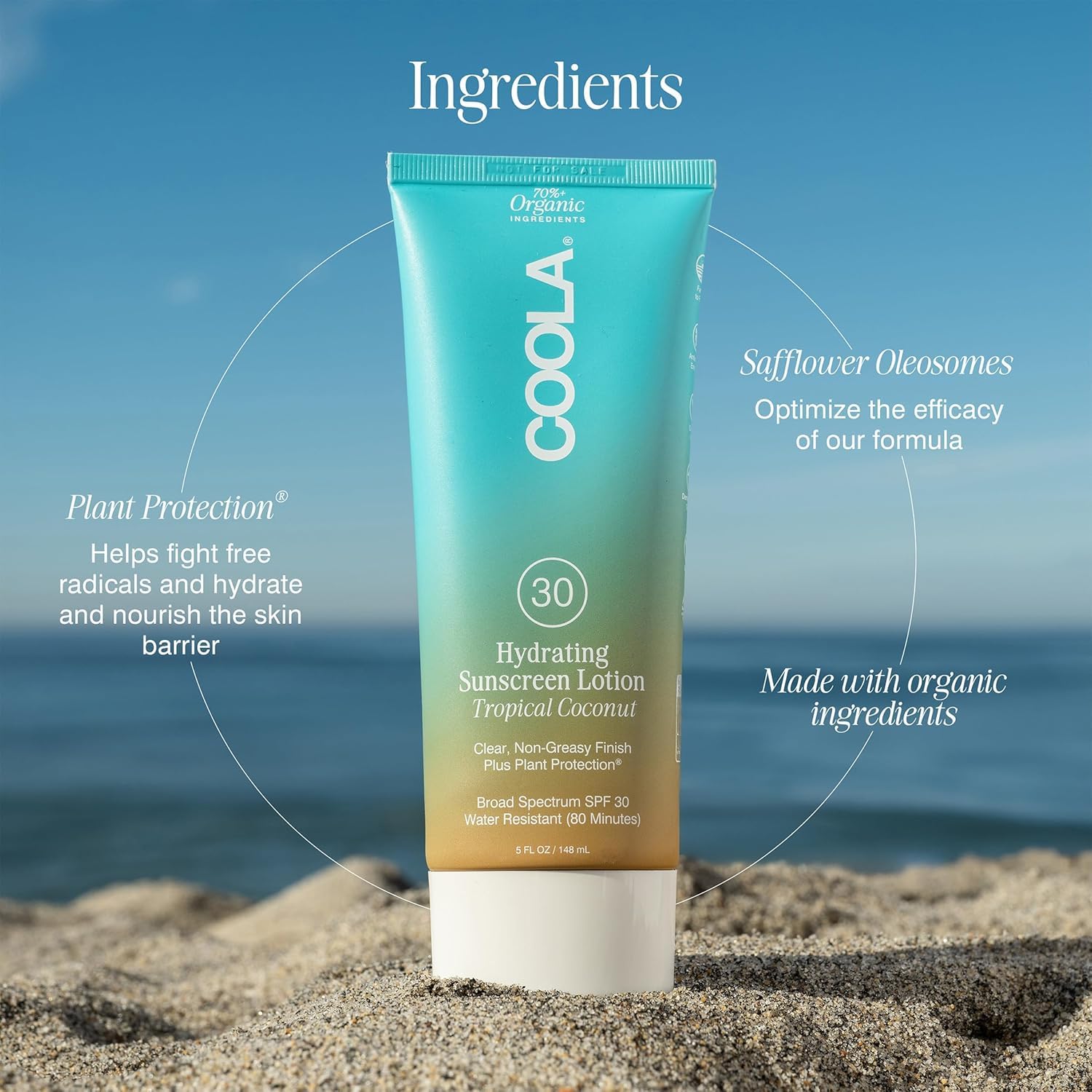 COOLA tropical coconut scent on lotion evokes beach vacation vibes.