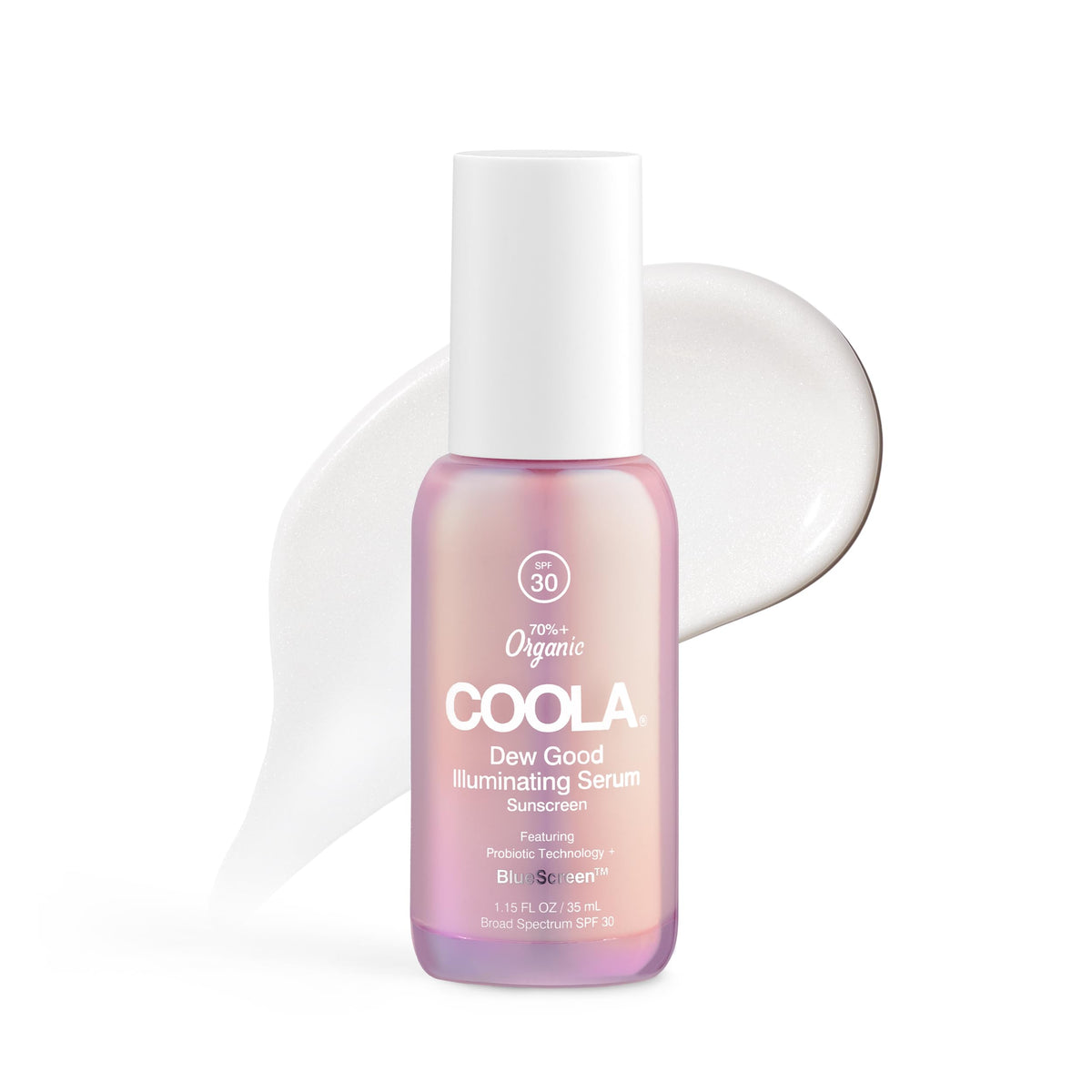 COOLA Organic Dew Good bottle closeup showing radiant hydration and glow