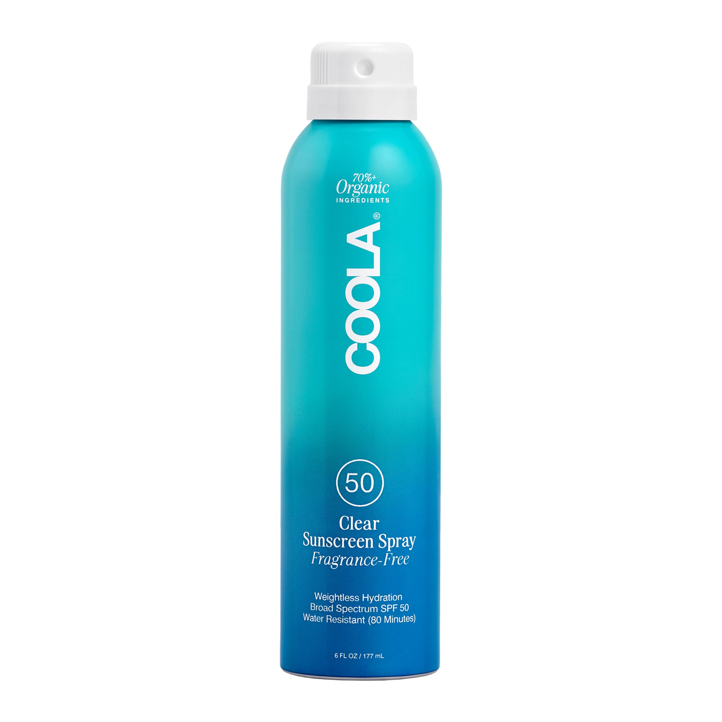 COOLA organic SPF 50 spray bottle delivering clear, lightweight protection