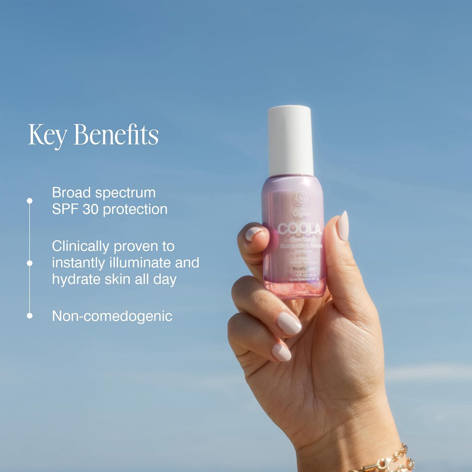 COOLA SPF 30 serum pump demonstrates daily sun protection and lightweight feel