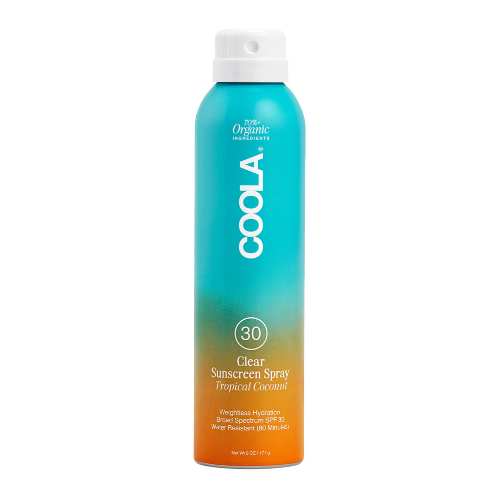 COOLA SPF 30 sunscreen spray bottle shows easy full-body coverage