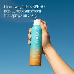 COOLA spray misting upside down for complete, even coverage