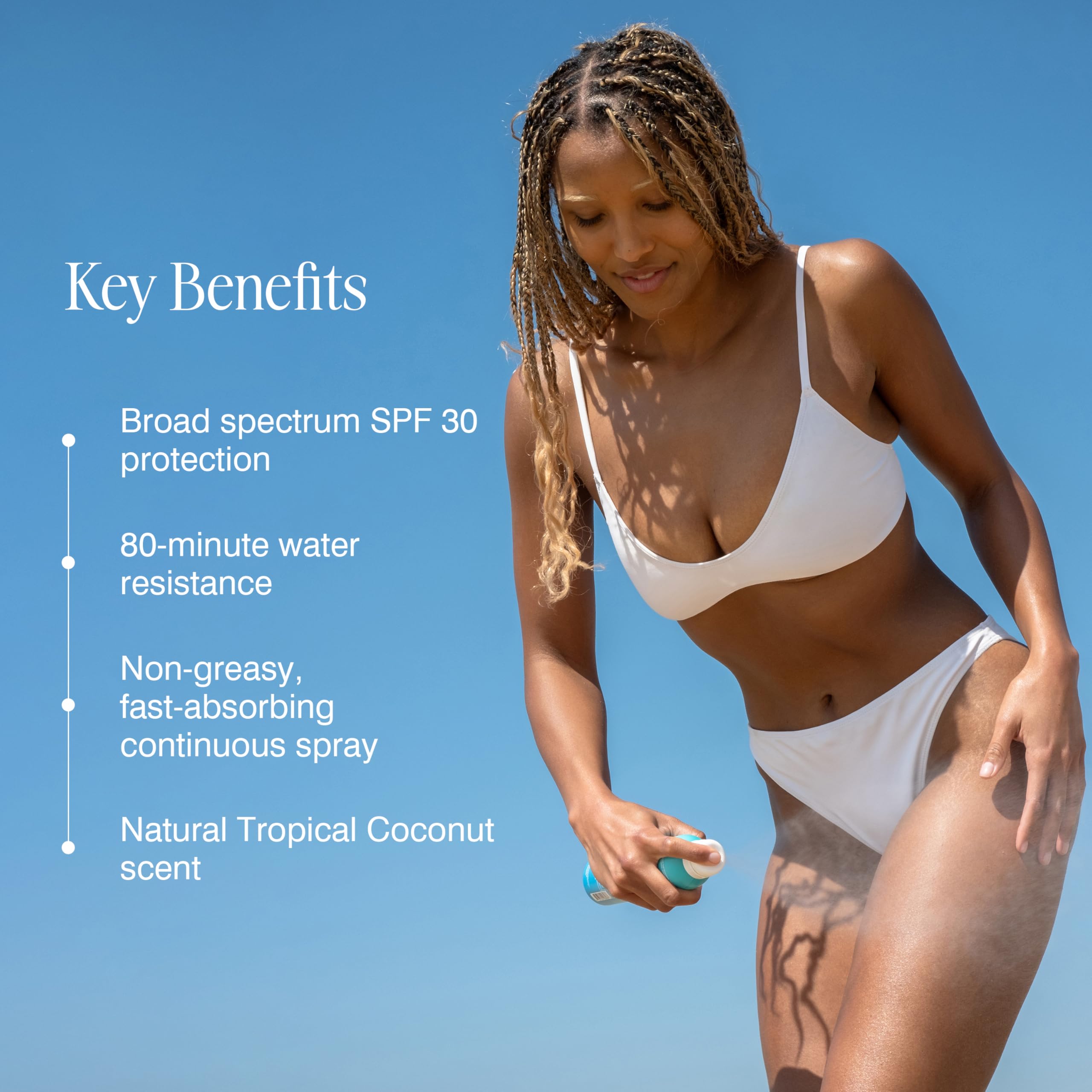 COOLA SPF 30 spray bottle showing water resistance for active days