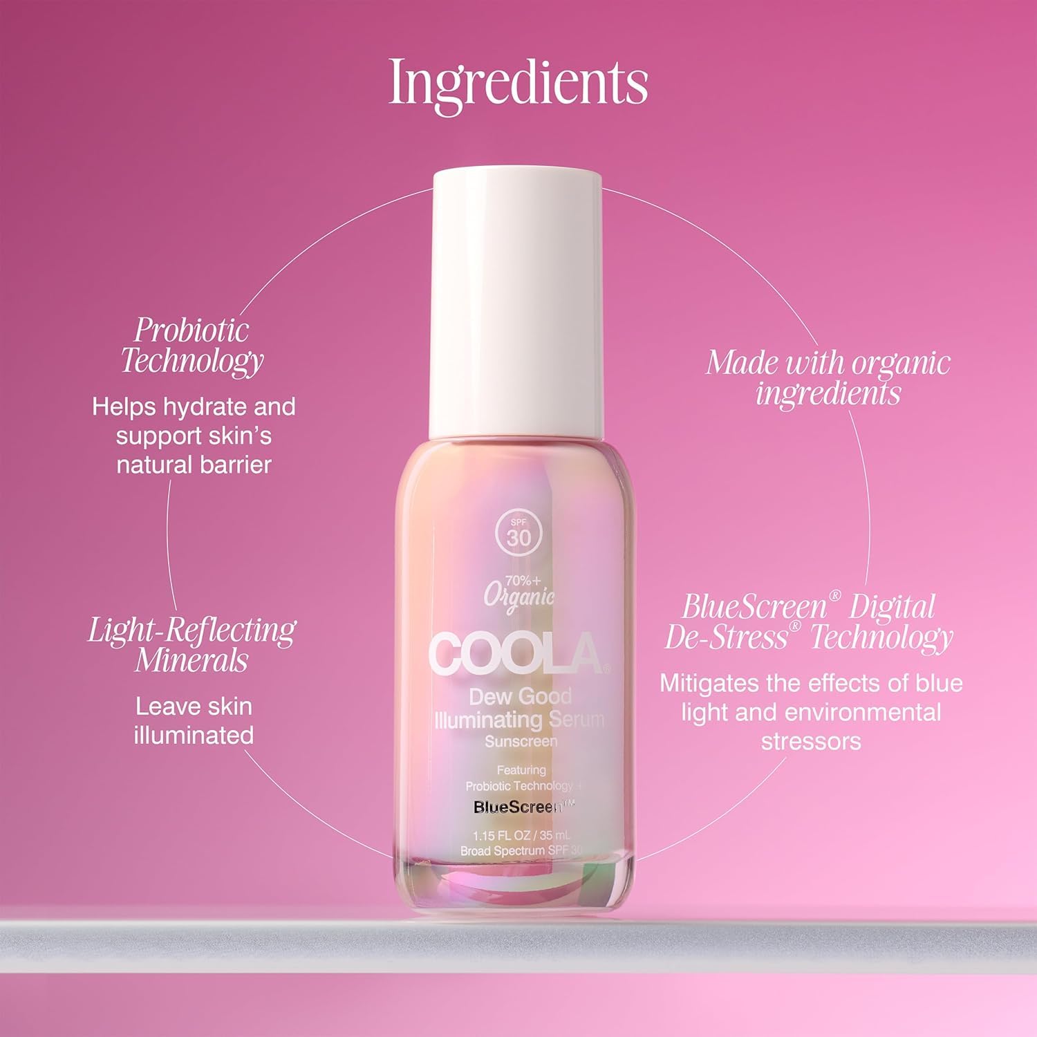 COOLA vegan gluten-free badge emphasizes clean, environmentally friendly skincare