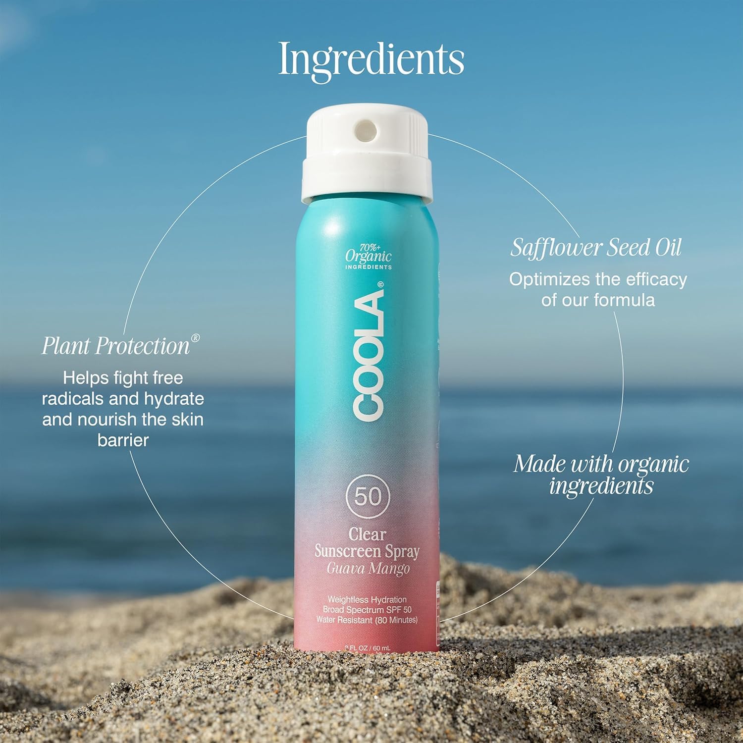 COOLA vegan gluten-free sunscreen bottle showing clean ingredient approach.