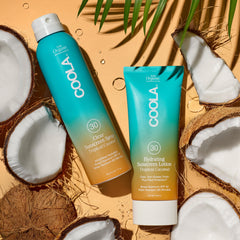 COOLA sunscreen lotion showing water-resistant claim up to 80 minutes for active days.