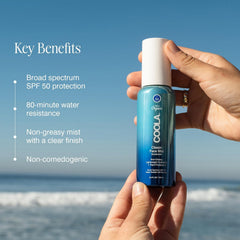 COOLA water-resistant sunscreen mist lasts up to 80 minutes during outdoor activities.