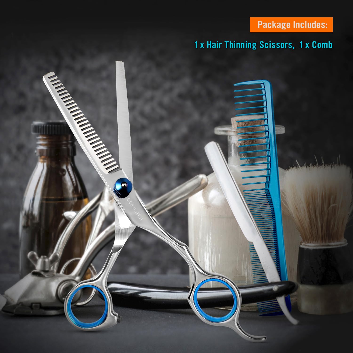 Coolala included hair comb beside the scissors enhances styling control.