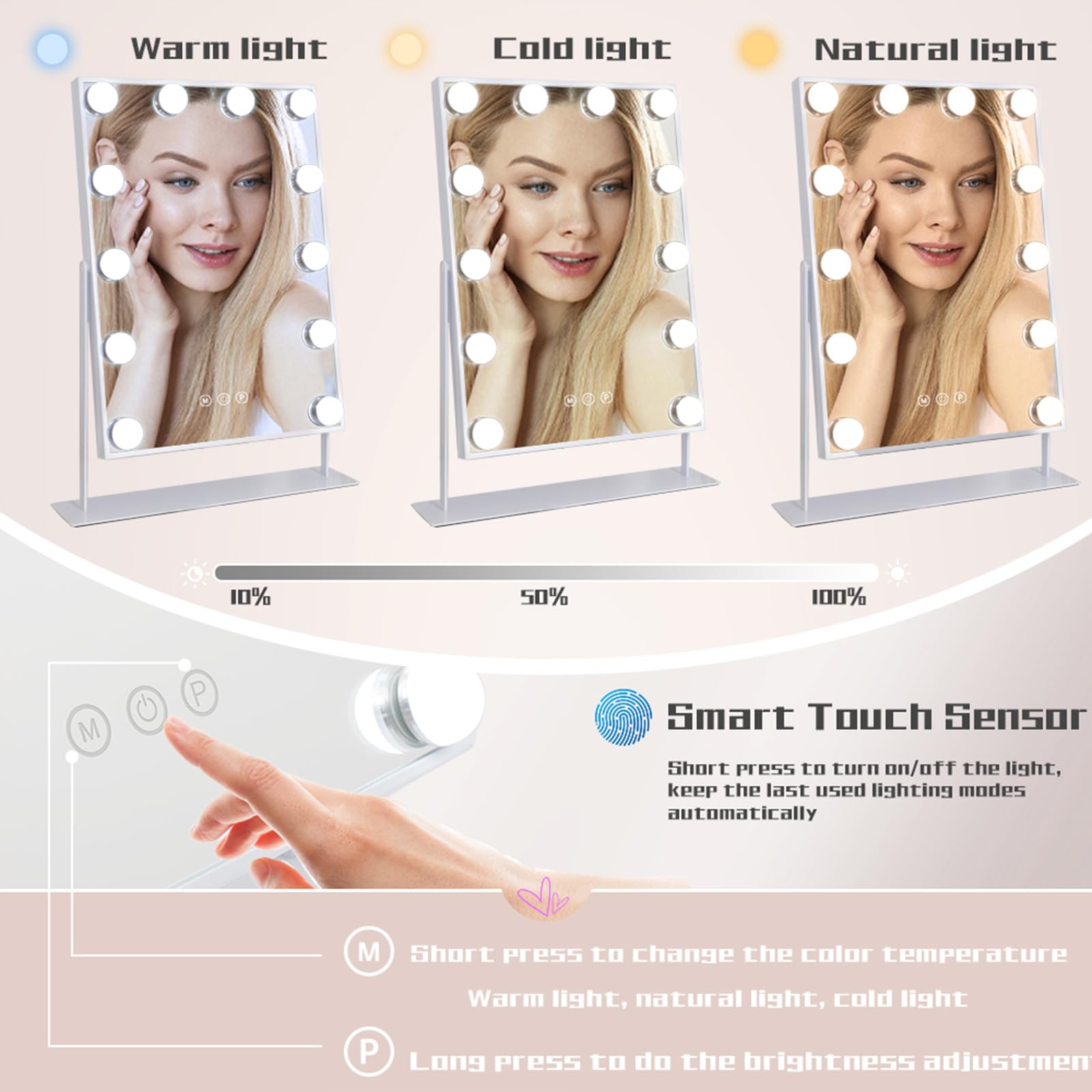 COOLJEEN makeup mirror shows 3 color modes for versatile daytime to evening looks