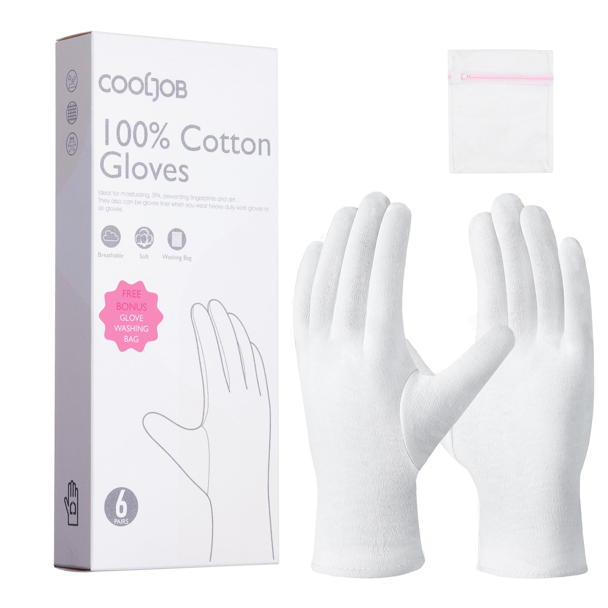 Guantes COOLJOB de algodón blancos, suaves y duraderos para uso nocturno y spa.