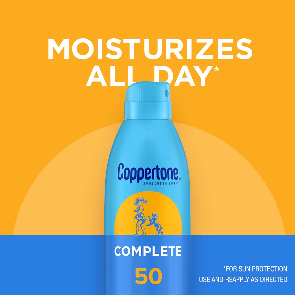Coppertone Complete protector solar SPF50, resistencia al agua 80 minutos para actividades.