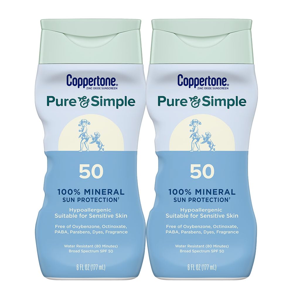 Coppertone Pure and Simple zinc-oxide-sunscreen-lotion-spf50 bottle highlights mineral protection for sensitive skin.
