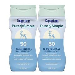 Coppertone Pure and Simple zinc-oxide-sunscreen-lotion-spf50 bottle highlights mineral protection for sensitive skin.