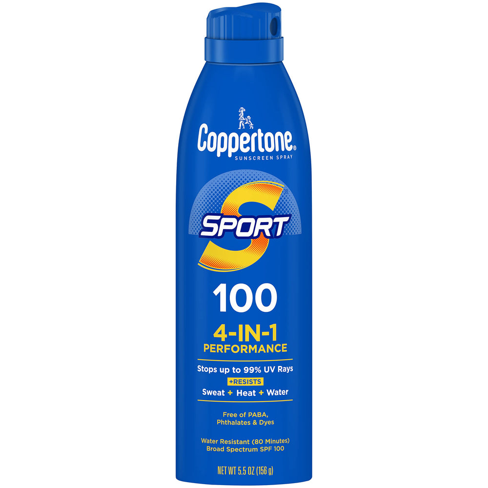 Coppertone Sport en botella con spray continuo para cobertura rápida y uniforme.
