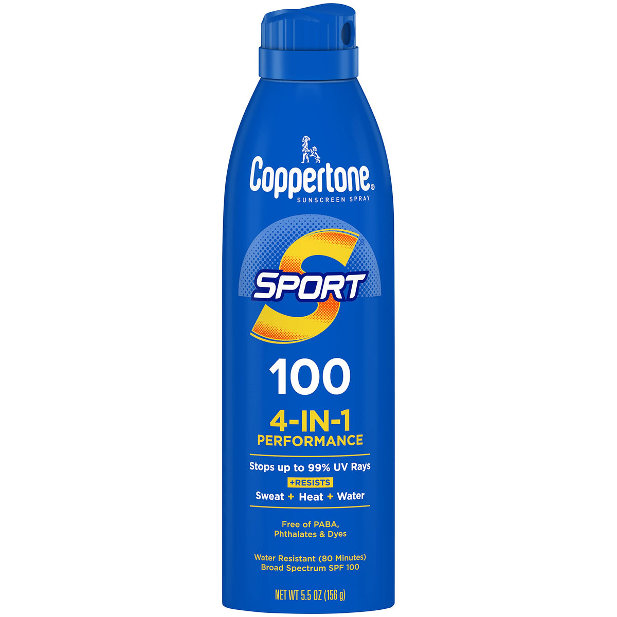Coppertone Sport en botella con spray continuo para cobertura rápida y uniforme.