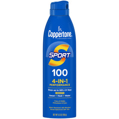 Coppertone Sport en botella con spray continuo para cobertura rápida y uniforme.