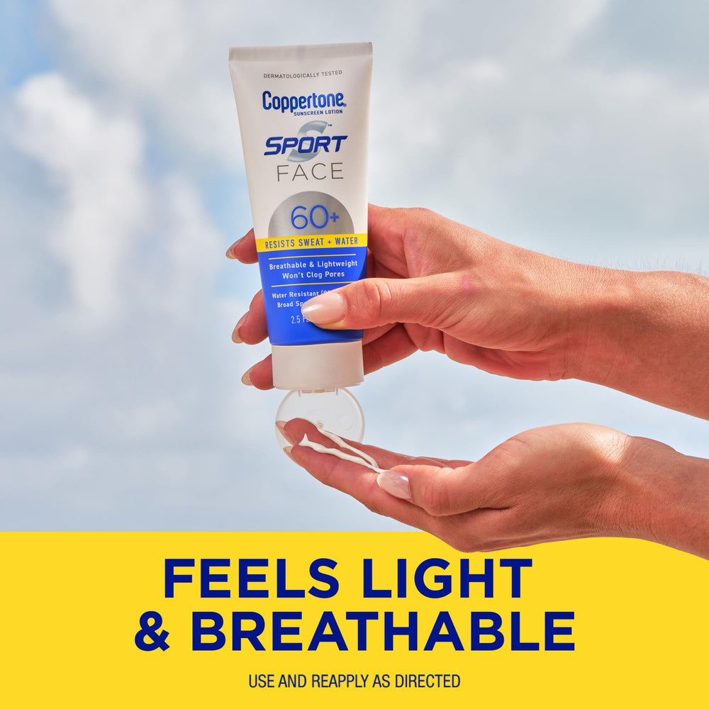 Coppertone Sport Face Sunscreen SPF 60+ contains vitamins C and E for skin support