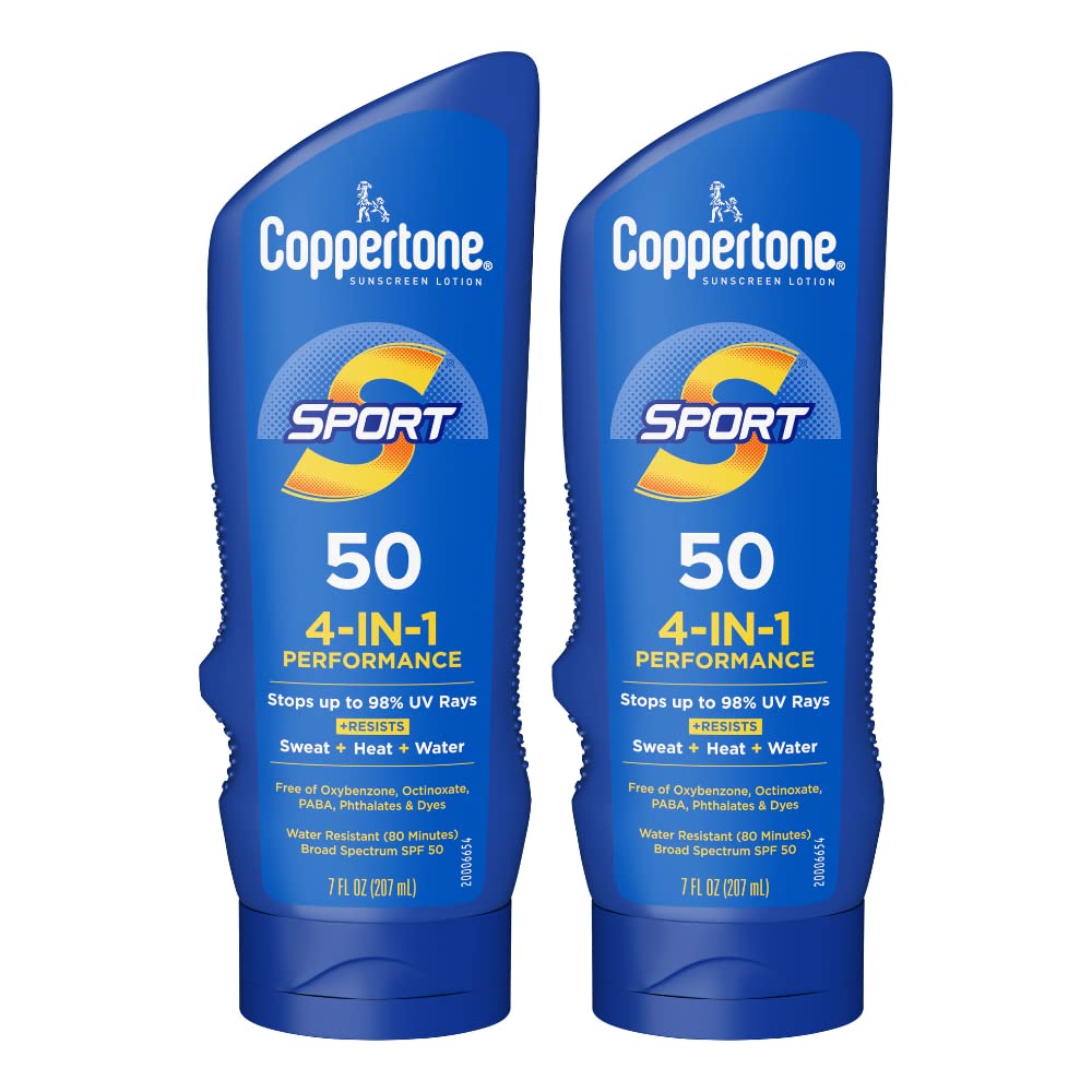Coppertone Sport Protector Solar Lotion, botella vertida, ideal para uso al aire libre con cobertura constante.
