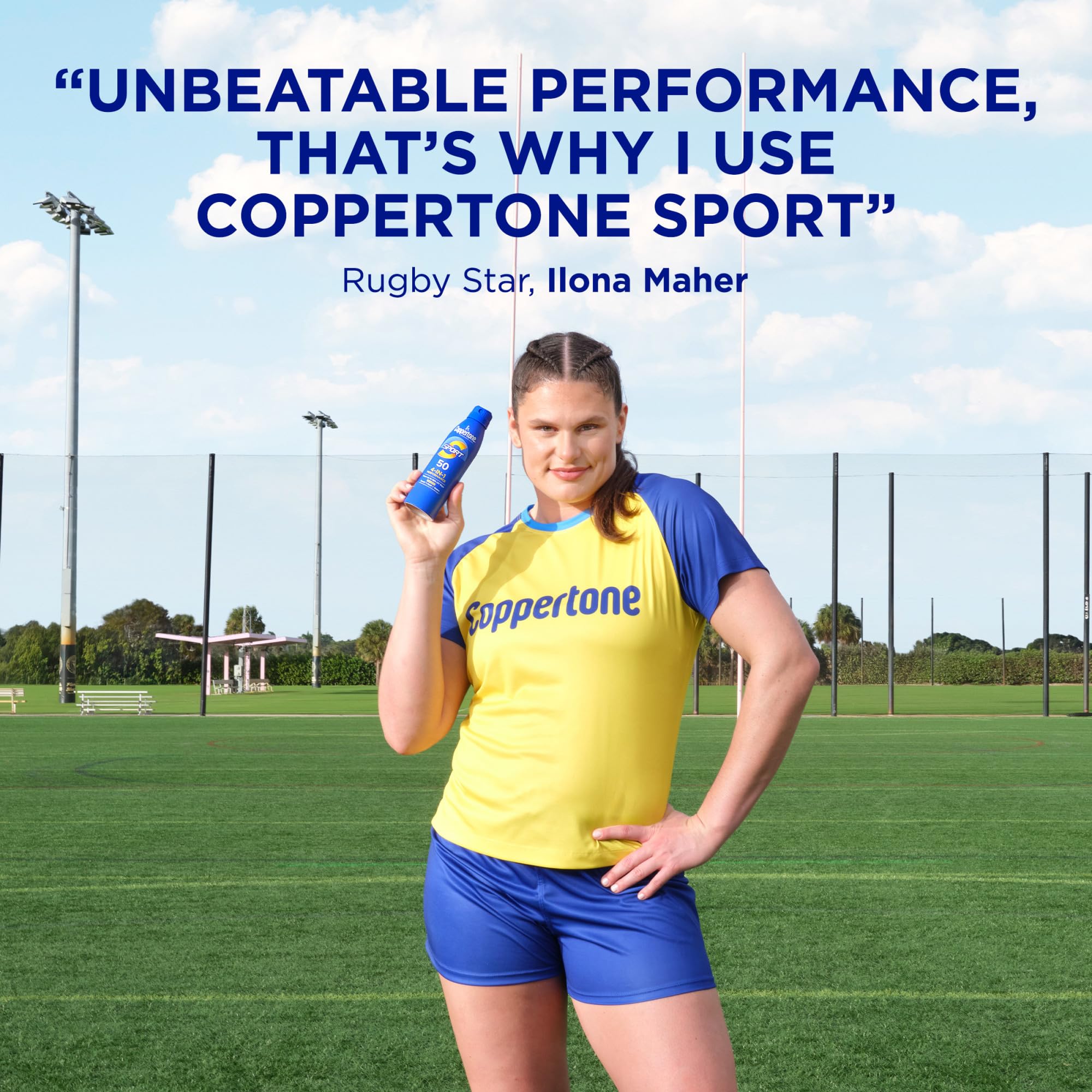 Coppertone Sport SPF50 resistente al agua y al sudor para actividades intensas.