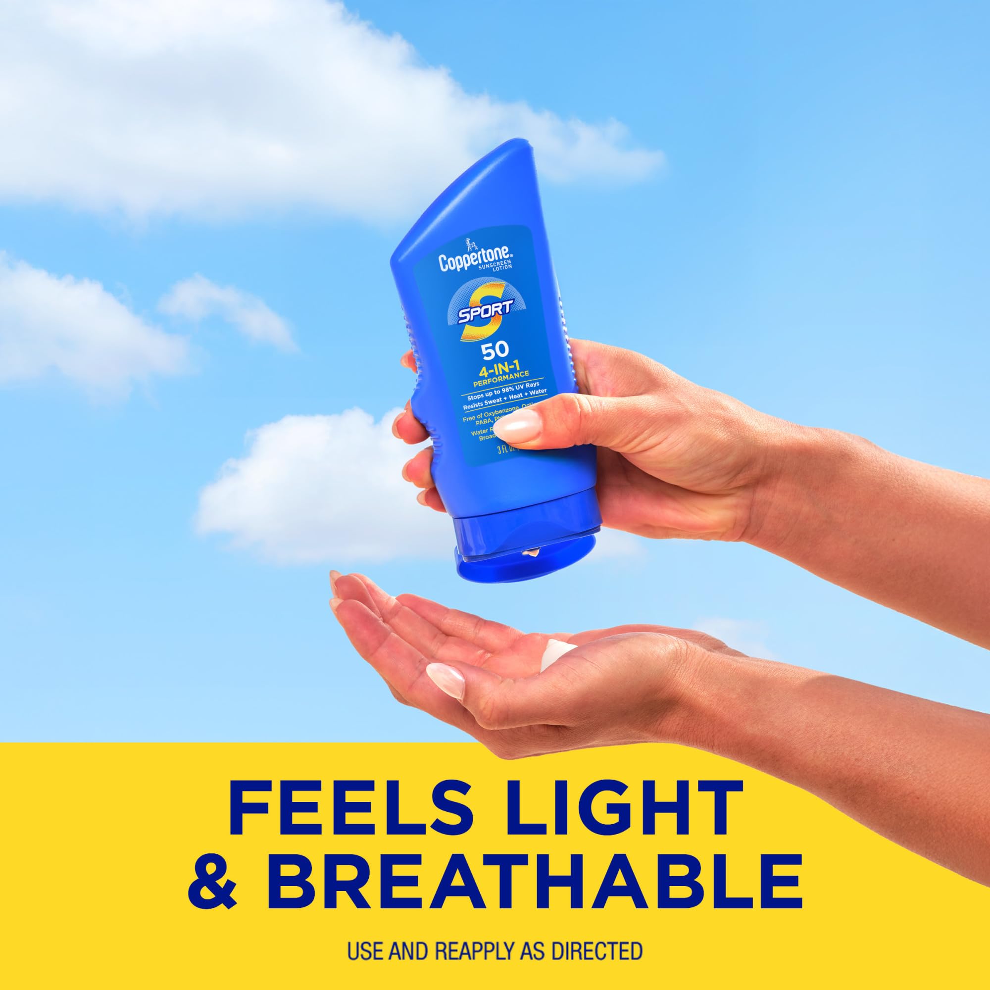 Oxybenzone-free Coppertone Sport SPF 50 bottle for safer skin.